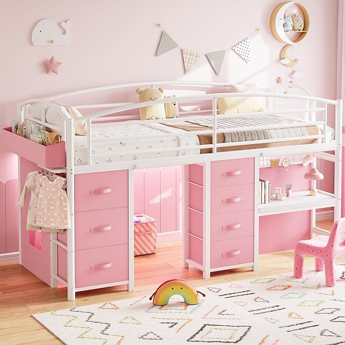 Low Loft Bed Twin Size with 7 Storage Drawers, Desk and LED Lights, Heavy Duty Metal Kids Loft Bed with 12" H Safety Guardrail, Anti-Collision Pad, Private Play Curtain, Under-Bed Play Space - Pink