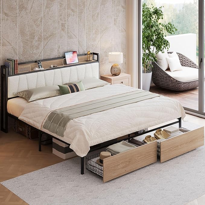 LIKIMIO King Size Bed Frame, Storage Headboard with Charging Station, Platform Bed with Drawers, No Box Spring Needed, Easy Assembly, Wood and Cream