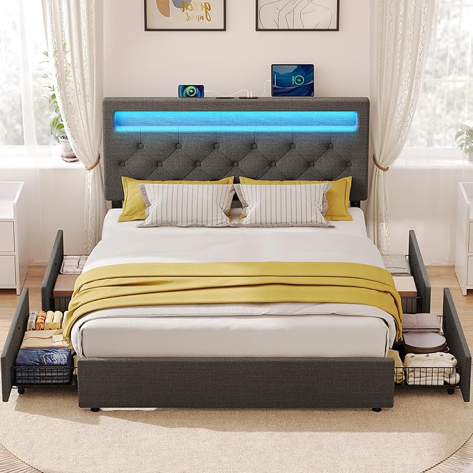 Rolanstar Full Size Bed Frame with 4 Storage Drawers and Charging Station, Full Bed with Led Lights, 2 USB & 1 Type C, Adjustable Headboard 38.9/40.9 Inches, No Box Spring Needed, Dark Gray