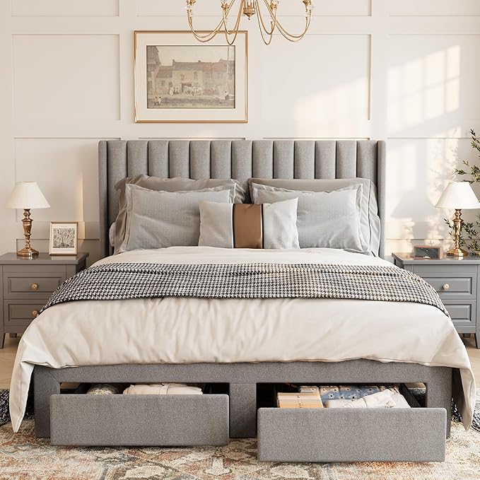IDEALHOUSE Queen Bed Frame with Wingback Headboard, Velvet Upholstered Platform Bed with 2 Storage Drawers, Vertical Tufted Headboard Design, Wooden Slats Support, No Box Spring Needed, Grey