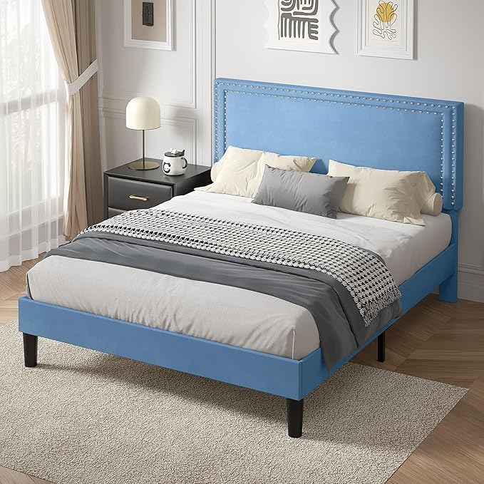 VECELO Queen Size Platform Bed Frame with Height Adjustable Upholstered Headboard, Modern Mattress Foundation,Strong Wood Slat Support, No Box Spring Needed, Easy Assembly,Light Blue