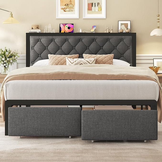 Fluest Queen Bed Frame with 2 Storage Drawers, Upholstered Headboard Button Tufted Bed Frame with Charging Station, No Box Spring Needed, Noise-Free, All Metal Structure, Grey
