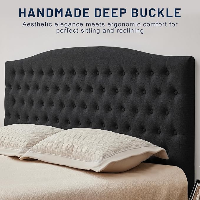 Tufted Upholstered Tall Headboard King Size, Sturdy and Durable Solid Wood Bed headboards, Comfortable Linen Fabric King Headboard Only, Modern Luxury Button Diamond Design Head Board, Black