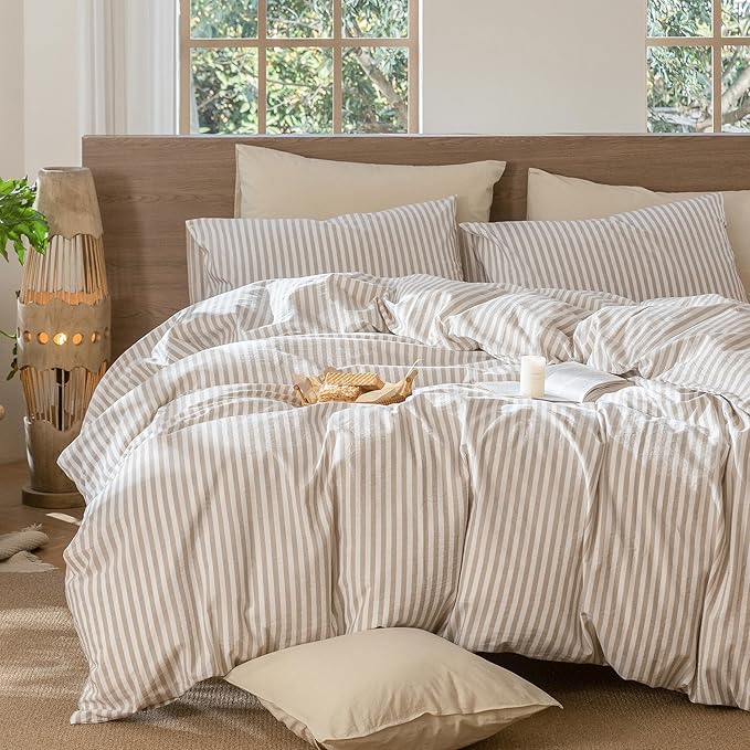 MooMee Striped Duvet Cover Set 100% Washed Cotton Linen Like Textured Breathable Durable Soft Comfy (Tannish Linen Grey White Classic Stripes, Twin 68"x90")
