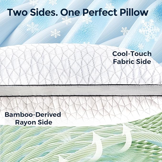 Rainmr Shredded Memory Foam Cooling Pillow for Sleeping, 20" x 36" King Size Pillow with Dual-Side Pillowcase - Cool & Bamboo-Derived Rayon Sides, Supportive Firm Bed Pillow (King)