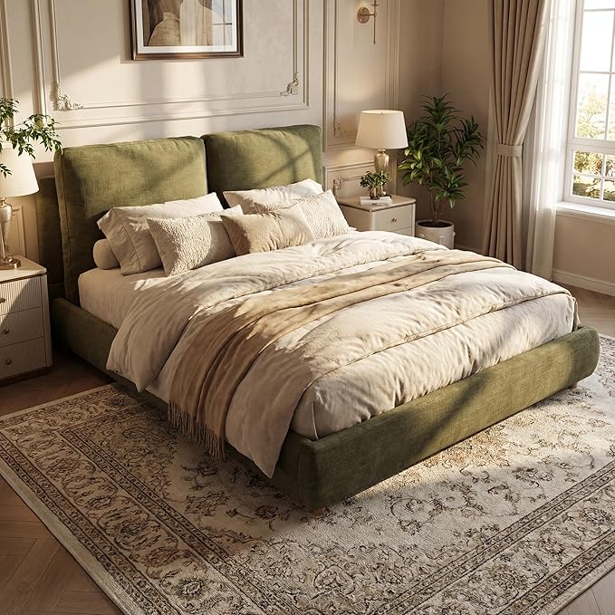 Merax Queen Size Boucle Fabric Upholstered Platform Bed with Two Removable Pillow Headboard, Wood Bed Frame with Solid Round Legs for Kids Teens Adults, Olive Green