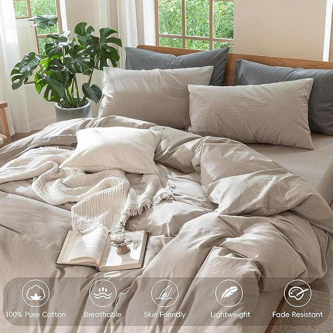 MooMee Bedding Duvet Cover Set 100% Washed Cotton Linen Like Textured Breathable Durable Soft Comfy (Solid Light Tan, Twin 68"x90")