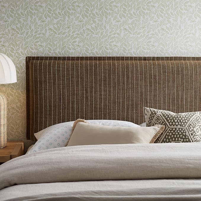 Modway Camille King Size Striped Linen Blend Pinstripe Headboard with Removable Slipcover – in Earth Stripe - Padded Pillow Style Headboard with Adjustable Mounting for King Beds