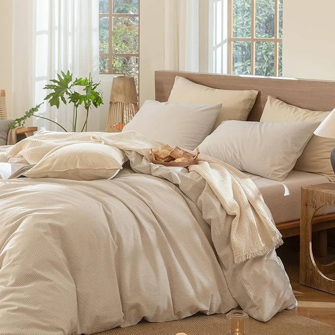 MooMee Striped Duvet Cover Set 100% Washed Cotton Linen Like Textured Breathable Durable Soft Comfy (Tannish Linen Grey White Pinstripes, Super King 108"x98")