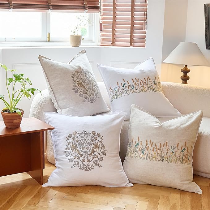 Simple&Opulence 100% Linen Euro Shams 26'' x 26'' Pack of 2, Embroidery Rosefinch Design Natural Flax Farmhouse Decorative Square Throw Pillow Covers for Bed Couch Sofa - Linen