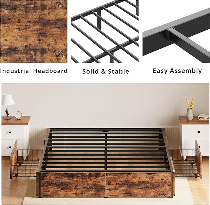 LIKIMIO Queen Bed Frame with Storage, 4 Drawers and Heavy Strong Metal Support Frames, Solid Stable, No Box Spring Needed, Noise-Free, Easy Assembly, Industrial Brown