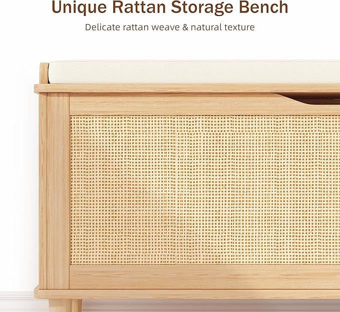 Keehusux 47.2" Rattan Storage Chest with Padded Seat Cushion, Extra Large Storage Bench with 2 Safety Hinges, Storage Trunk with Solid Wood Legs & Rounded Corners for Entryway, Bedroom, Natural Oak