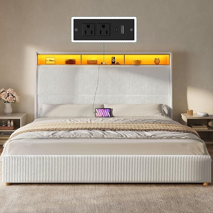 YITAHOME King Size Corduroy Upholstered Platform Bed Frame with Charging Station and RGB LED Lights, 53’’ Tall Storage Wingback Headboard, No Box Spring Needed, Easy Assembly, Noise-Free, White