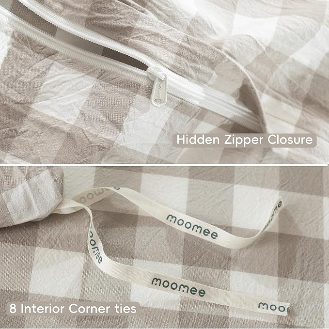 MooMee Gingham Duvet Cover Set 100% Washed Cotton Linen Like Textured Breathable Durable Soft Comfy Modern Checkered Design (Buffalo Plaid Tannish Linen Grey, Cal King 104"x98")