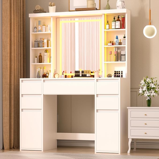 COWMOU Tall Vanity Desk with LED Mirror and RGB Lights Shelves, White Makeup Vanity with Power Outlet, Vanity Table with 5 Sliding Drawers & 2 Cabinets for for Bedroom and Dressing Room