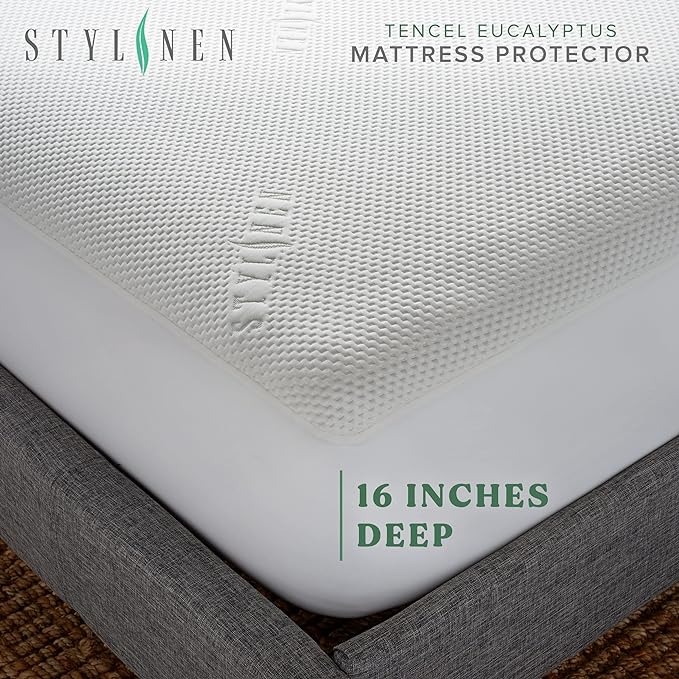 STYLINEN King Tencel Eucalyptus Mattress Protector - Waterproof Breathable Cooling Cover Protects Against Moisture, Spills, Stains - Noiseless, Machine Washable, Fits 16 inch Bed (King)