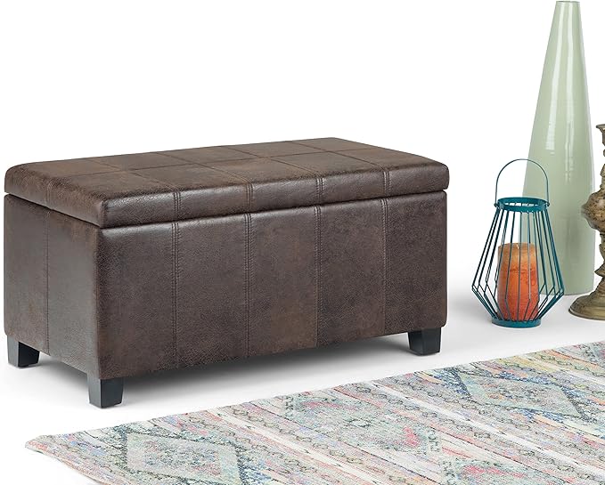SIMPLIHOME Dover Storage Ottoman Bench - 36 inch Wide Upholstered Vegan Leather Rectangular Lift-Top Ottoman in Distressed Brown, Contemporary Bench for Living Room with Safety Hinges