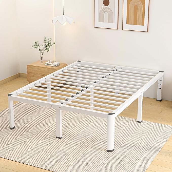 Superay 18 Inch Queen Size Metal Bed Frame with Round Corners, Storage Space Under High Bed Frame-Heavy Duty Steel Slats Support, Noise Free - Easy Assembly - No Box Spring Needed,White
