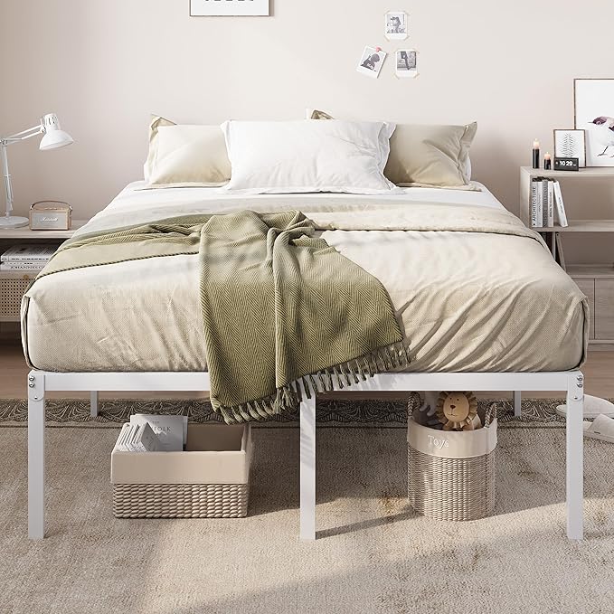 Allewie Queen Bed Frame, 18 Inch Metal Platform Beds with Storage Space, No Box Spring Needed and Easy Assembly, White