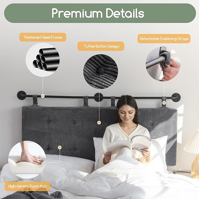 HIGOGOGO Wall Mounted Headboards for Queen Size Bed, Hanging Head Board Wall with Button Tufting, Adjustable Height Headboard for Bedroom,Darkgrey