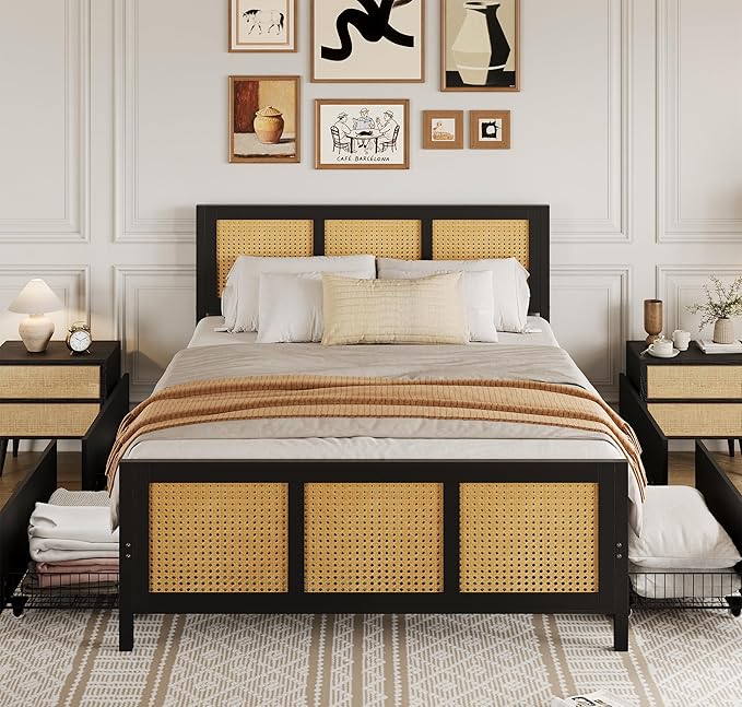 GarveeHome Black Rattan Bed Frame with Headboard, Boho Cane Platform Full Size Bed Frame with 4 Drawers, Strong Metal Slats Support, Noise Free, No Box Spring Needed