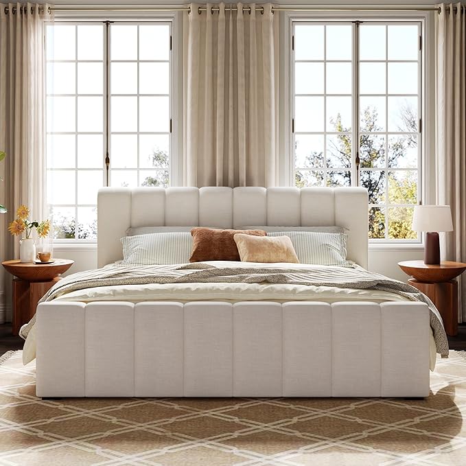Merax King Size Upholstered Platform Bed with Thick Headboard and Footboard, Block Style Linen Fabric Bed Frame with Solid Wood Legs, Beige