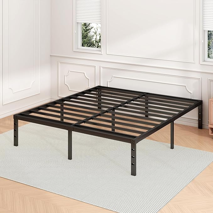 Hafenpo 18 Inch Queen Bed Frame - Sturdy Metal Platform Queen Size, No Box Spring Needed, Heavy Duty, Easy Assembly, Strong Bearing Capacity, Under Bed Storage, Black
