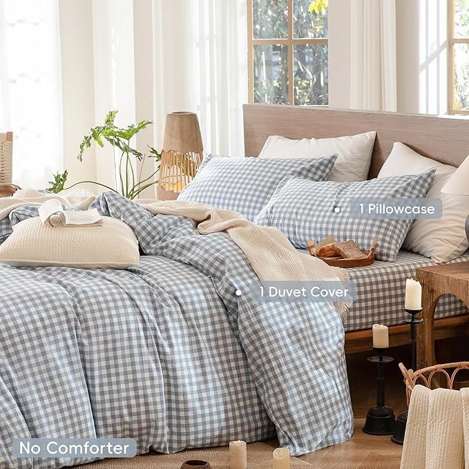 MooMee Gingham Duvet Cover Set 100% Washed Cotton Linen Like Textured Breathable Durable Soft Comfy Modern Checkered Design (Classic Gingham Cornflower Blue, Twin 68"x90")
