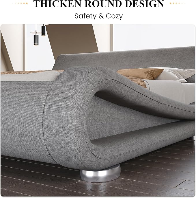 SHA CERLIN Queen Size Upholstered Bed Frame, Deluxe Low Profile Sleigh Bed with Linen Ergonomics Headboard, No Box Spring Needed & Easy Assembly, Grey