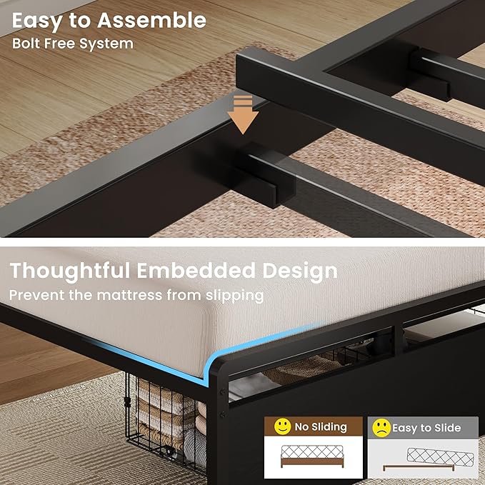 LIKIMIO Twin Bed Frames with Storage Drawer, Charging Station and LED Lights, Twin Bed Frame with 43" Headboard, No Box Spring Needed, Easy Assembly for Teen Room, Small Apartment, Bedroom, Black