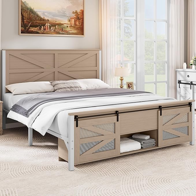 YITAHOME Queen Size Farmhouse Bed Frame with Sliding Barn Door Storage Cabinets, Platform Bed Frame with 47.2" Headboard, Solid Metal Slats Support, Noiseless, No Box Spring Needed, Oak