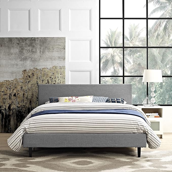 Modway Anya Upholstered Light Gray Platform Bed with Wood Slat Support in Queen