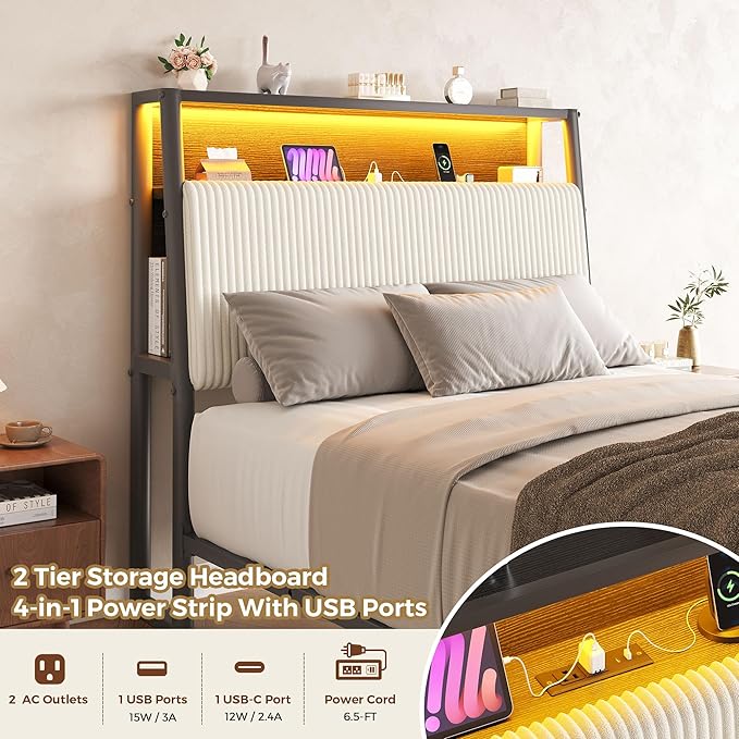 Upholstered Twin Corduroy Bed Frame with 2 Storage Drawers and Charging Station, LED Platform Bed with 3-Tier Storage Bookcase Headboard, Heavy Duty Metal Support, No Box Spring Needed - Beige
