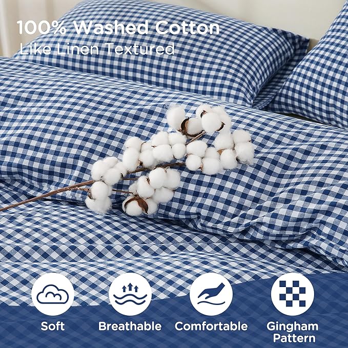 TOCOMOA Navy Blue Gingham Duvet Cover Bedding Set 100% Washed Cotton Like Linen Feel Super Soft Comfy 3 Piece Dark Blue Plaid Checkered Comforter Cover Set (King 104"x90", Comforter Not Included)