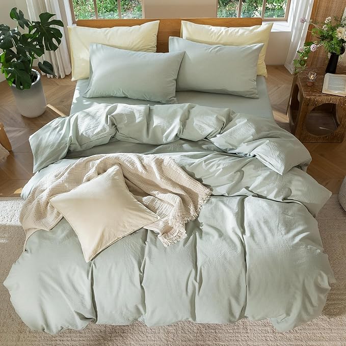 MooMee Bedding Duvet Cover Set 100% Washed Cotton Linen Like Textured Breathable Durable Soft Comfy (Heathered Sage Green, Queen 90"x90")