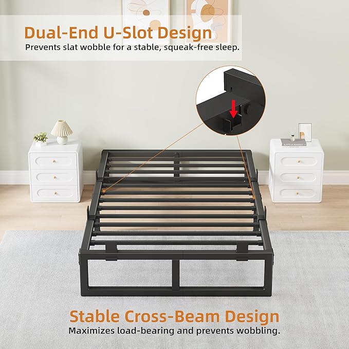 Twin Bed Frames, 10 Inch Metal Platform Bed Frame with Squeak Free U-Slot Design, 6 Non-Slip Guards, 3500lbs Heavy Duty Steel Slat Support, No Box Spring Needed, Under Bed Storage, Black