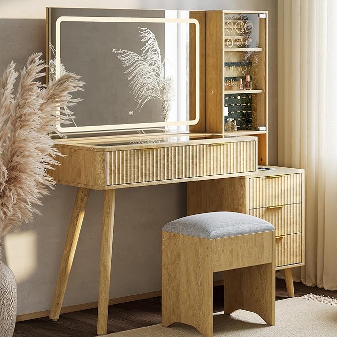 Garvee Vanity Desk with Lighted Mirror, Makeup Vanity with Charging Station, Glass Top Dressing Table with Cushioned Storage Stool for Bedroom, Natual Wood