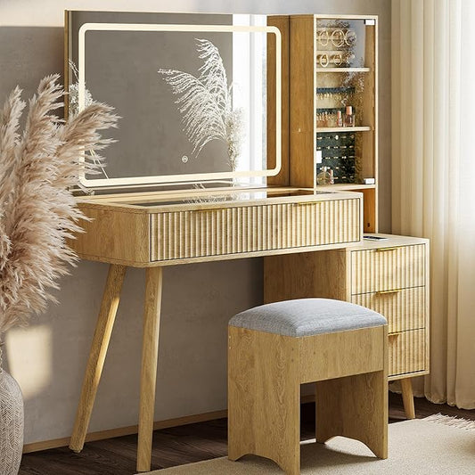 Garvee Vanity Desk with Lighted Mirror, Makeup Vanity with Charging Station, Glass Top Dressing Table with Cushioned Storage Stool for Bedroom, Natual Wood