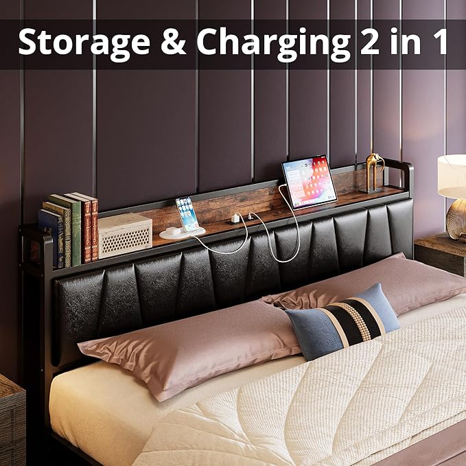 LIKIMIO King Size Bed Frame, Storage Headboard with Charging Station, Platform Bed with Drawers, No Box Spring Needed, Easy Assembly, Vintage Brown and Black