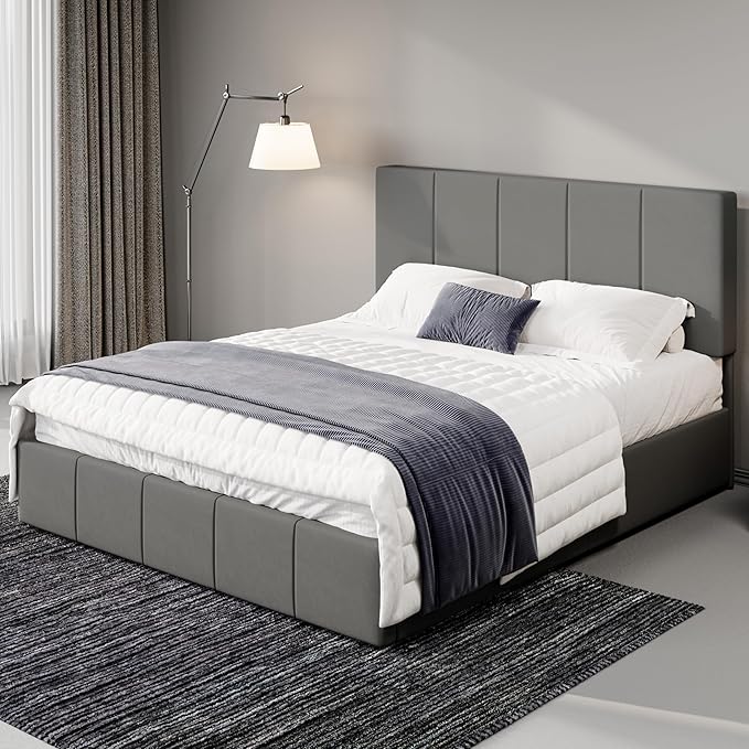Allewie Full Size Dutch Velvet Upholstered Platform Bed Frame/Vertical Channel Tufted Adjustable Headboard/Low Profile Bed Frame/No Box Spring Needed/Easy Assembly/Grey