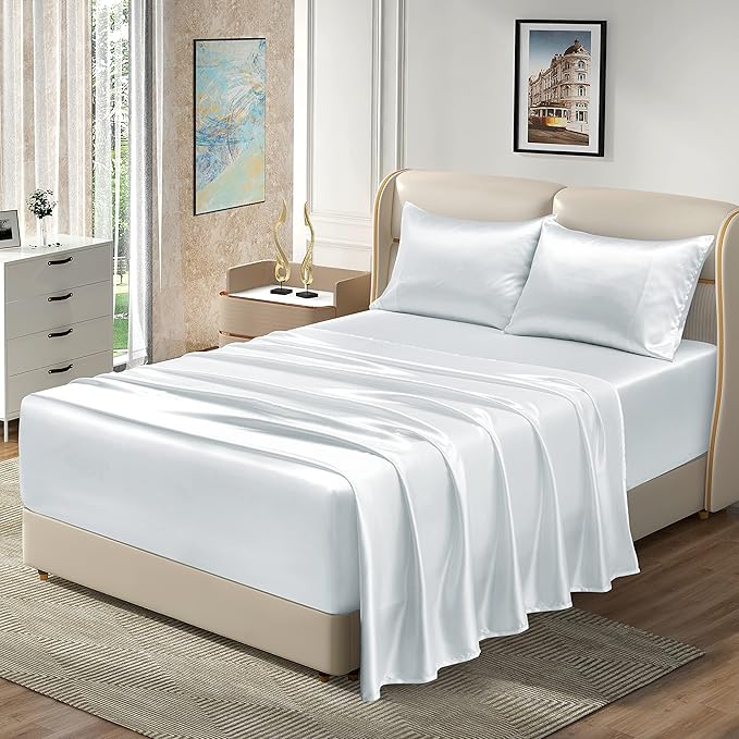 Homiest 4pcs Extra Deep Pocket Satin Sheets Queen Size Bed Set, 18-24 Inch Deep Pocket Bed Sheets White Satin Sheet Set, Silky Satin Bedding Set Luxury Fitted Sheet Set Fits Ultra Deep Mattress