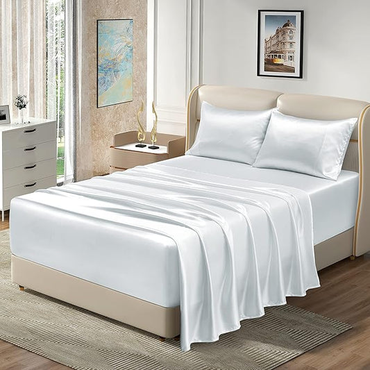 Homiest 4pcs Extra Deep Pocket Satin Sheets Queen Size Bed Set, 18-24 Inch Deep Pocket Bed Sheets White Satin Sheet Set, Silky Satin Bedding Set Luxury Fitted Sheet Set Fits Ultra Deep Mattress