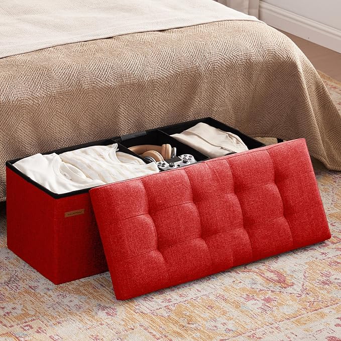 HAUSFRAU 31.5 Inches Ottoman with Storage Bench, Folding Ottoman Bench Small Foot Rest Stool, Bedroom Bench with Flipping Lid, Linen Red