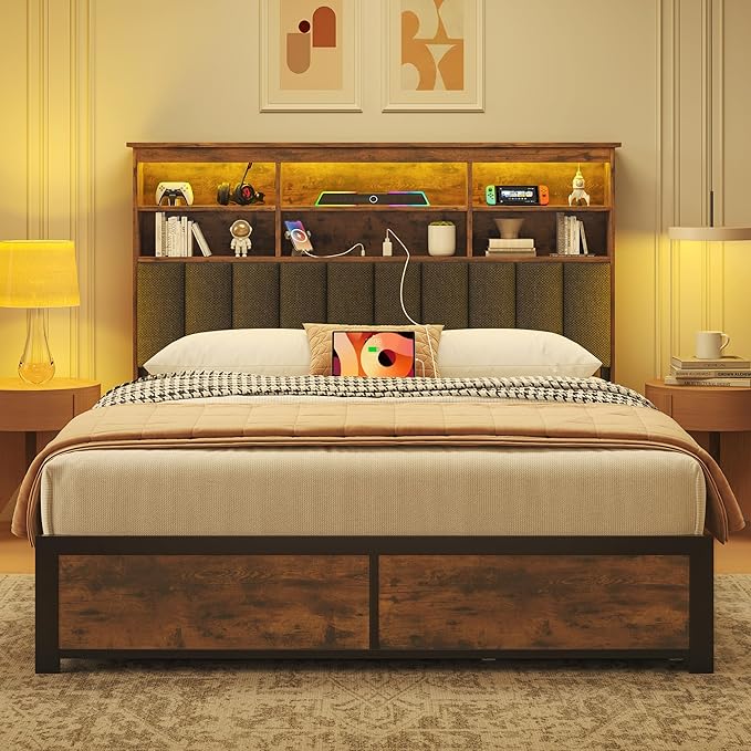 Lifezone Full Bed Frame with Headboard, Full Bed Frame with High Storage Bookcase Headboard,4 Storage Drawers & Charging Station & LED,No Box Spring Needed/Noise Free/All-Metal Support,Vintage Brown