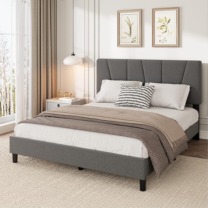Full Size Upholstered Platform Bed Frame with Adjustable Headboard, Fits 8-14 Inch Mattress, Heavy Duty Bed Frame with Wooden Slats Support, Noise-Free, Non-slip, No Box Spring Needed, Easy Assembly