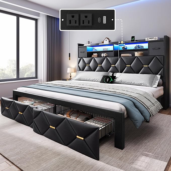 YITAHOME King Size Bed Frame with 2 Storage Drawers and Storage Headboard, Upholstered Platform with Charging Station and LED Light, No Box Spring Needed, Noise Free, Easy Assembly, PU Leather Black