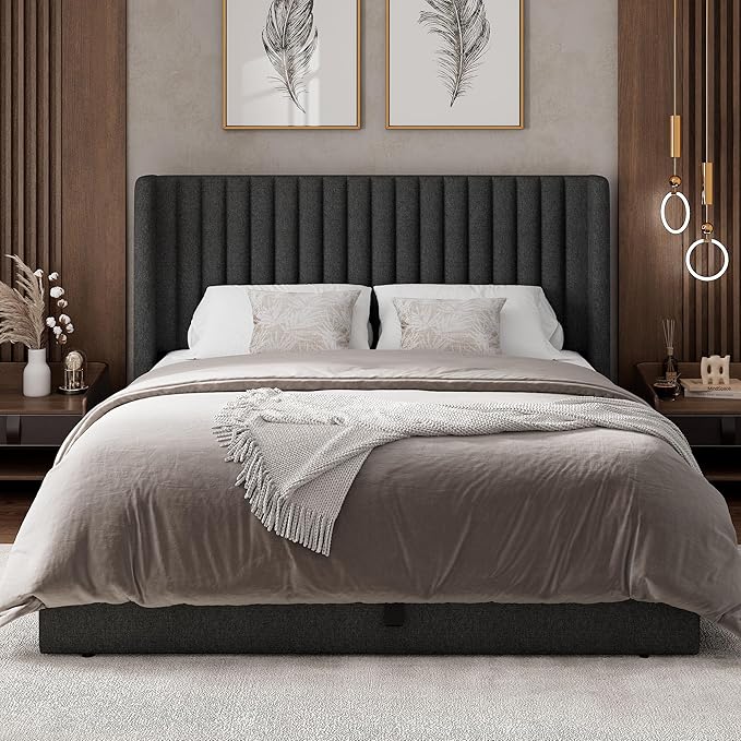 Feonase Queen Size Lift Up Storage Bed Frame, Linen Upholstered Platform Bed with Wingback Headboard, Hydraulic Storage, No Box Spring Needed, Dark Gray