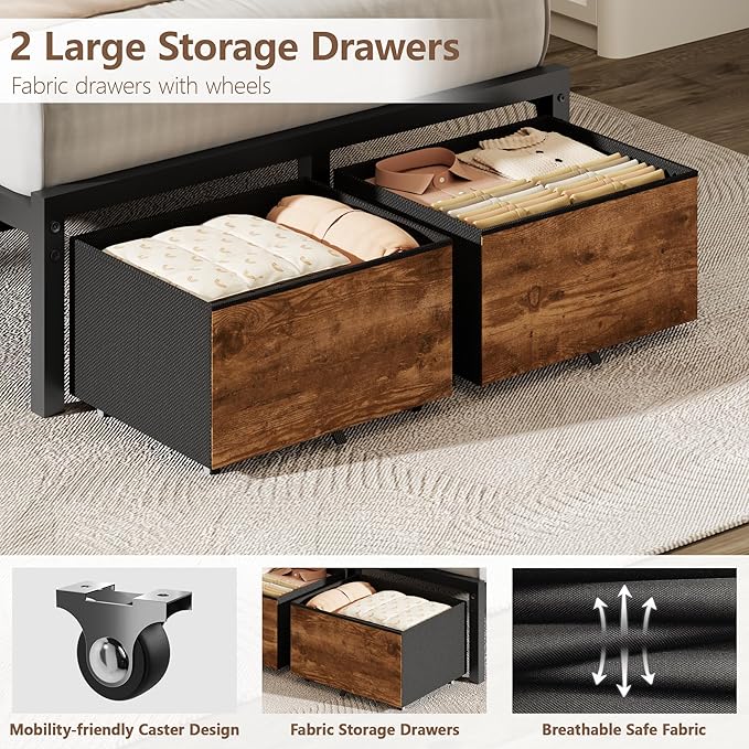 Forestell Twin Bed Frames with Wood Headboard, Metal Platform Bed with 2 Storage Drawers & Shelf, Built in Charging Station & LED Lights, No Box Spring Needed, Vintage Brown, Camas Twin Size