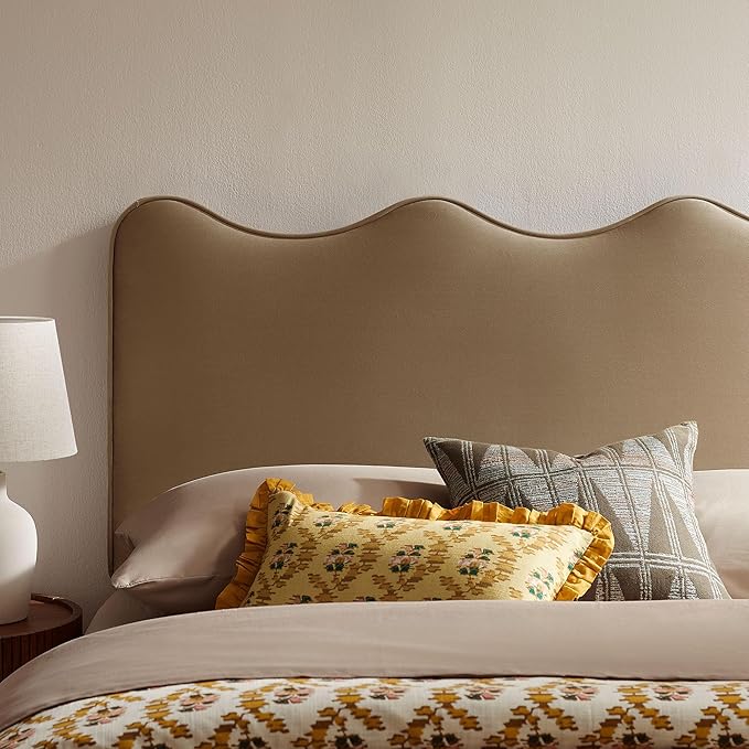 Monday Athena King Size Performance Velvet Adjustable Headboard in Taupe - with Scalloped Wave Design and Stain-Resistant Velvet Upholstery