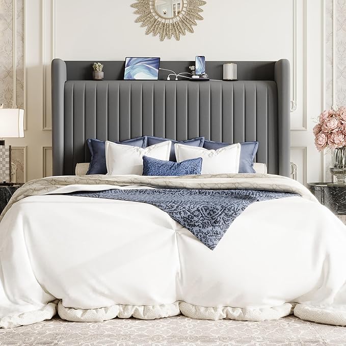 SHA CERLIN Queen Size Velvet Bed Frame with USB Charging Station, Wingback Storage Headboard, Upholstered Platform Bed with Wooden Slats Support, No Box Spring Needed, Easy Assembly, Grey
